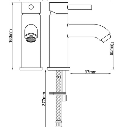 Wiesbaden Caral Cadans wastafelkraan laag geborsteld koper - technische tekening | Schwertz & Co