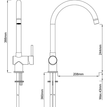 Wiesbaden Caral keukenmengkraan geborsteld brons koper - technische tekening | Schwertz & Co