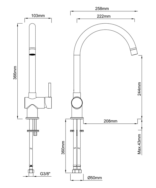Wiesbaden Caral keukenmengkraan geborsteld brons koper - technische tekening | Schwertz & Co