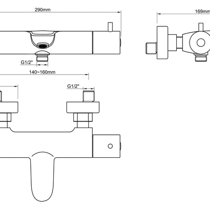Wiesbaden Caral thermostatische badmengkraan geborsteld brons koper - technische tekening | Schwertz & Co
