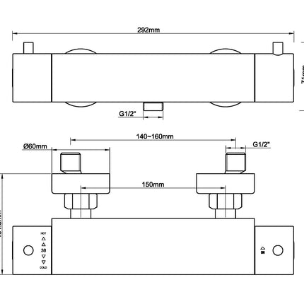 Wiesbaden Caral Cool Touch douchemengkraan geborsteld koper - technische tekening | Schwertz & Co