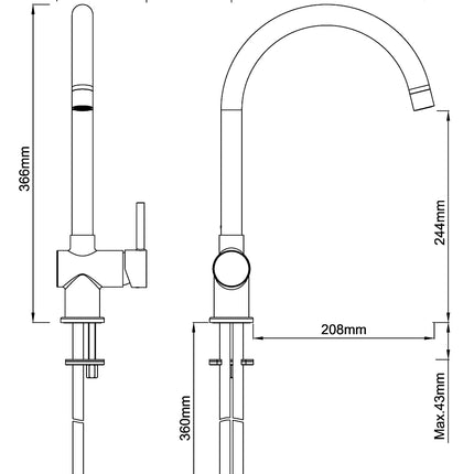 Wiesbaden Caral keukenmengkraan gunmetal - technische tekening | Schwertz & Co