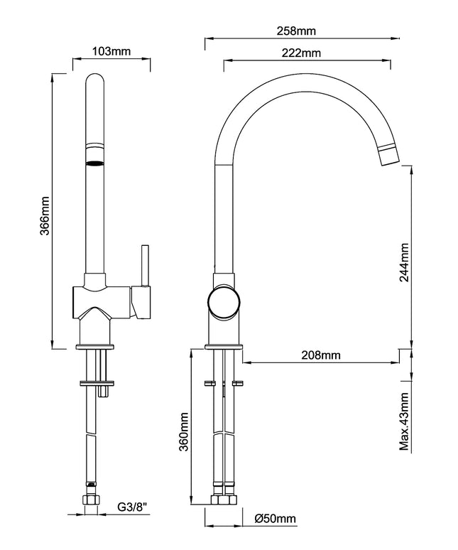 Wiesbaden Caral keukenmengkraan gunmetal - technische tekening | Schwertz & Co