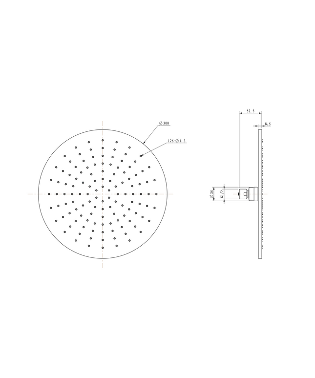 Wiesbaden UniMatch hoofddouche rond 30 x 0,8 cm gunmetal - technische tekening | Schwertz & Co