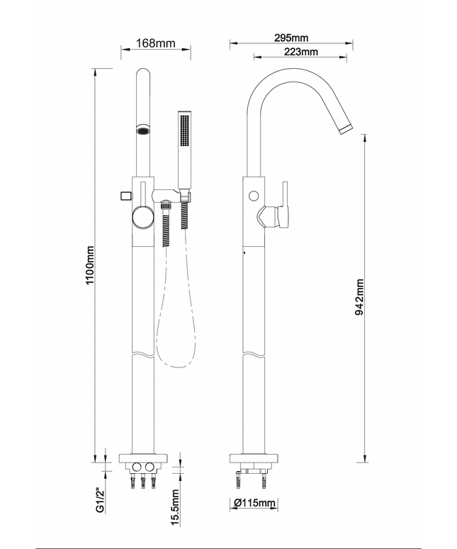 Wiesbaden Caral vrijstaande badmengkraan gunmetal - technische tekening | Schwertz & Co