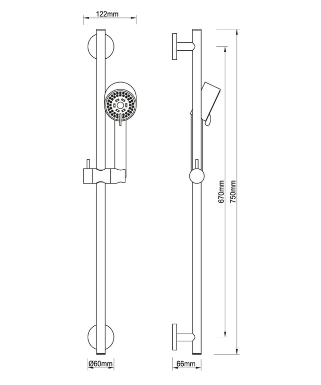 Wiesbaden UniMatch Cadans ensemble barre de douche coulissante douchette gunmetal - dessin technique | Schwertz & Co