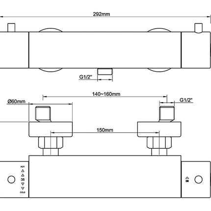 Wiesbaden Caral Cool Touch thermostatische douchemengkraan gunmetal - technische tekening | Schwertz & Co