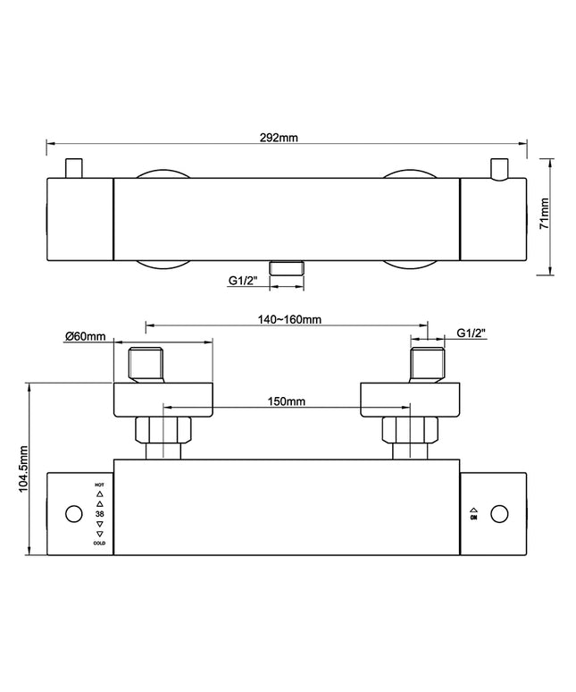 Wiesbaden Caral Cool Touch thermostatische douchemengkraan gunmetal - technische tekening | Schwertz & Co