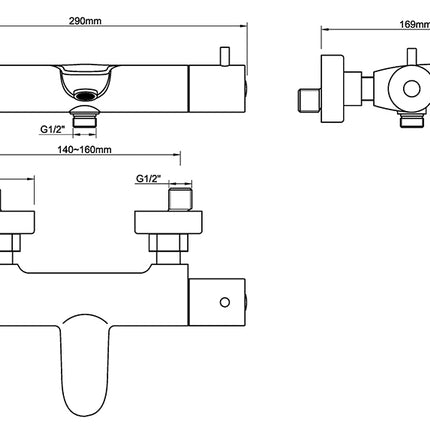 Wiesbaden Caral thermostatische badmengkraan gunmetal - technische tekening | Schwertz & Co