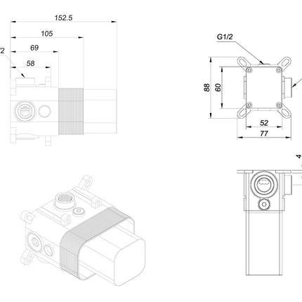 Wiesbaden Dreams inbouwdeel thermostatische douchekraan - technische tekening maatvoering | Schwertz & Co