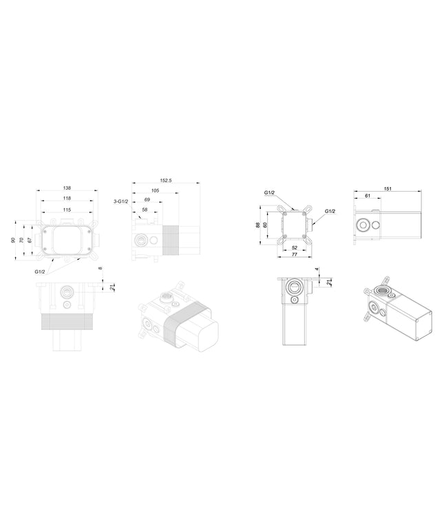 Wiesbaden Dreams inbouwdeel thermostatische douchekraan - technische tekening maatvoering | Schwertz & Co