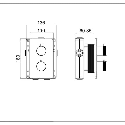 Xellanz Nala inbouw douchethermostaat 2-weg chroom - technische tekening | Schwertz & Co