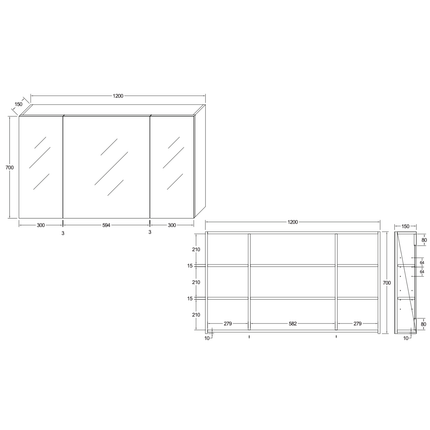 HAYAT spiegelkast – 3 asymmetrische enkelzijdige spiegeldeuren – 120x70x15 cm – Eik