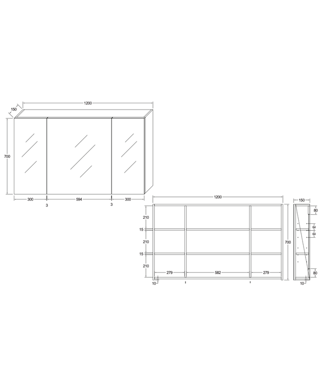 HAYAT spiegelkast – 3 asymmetrische enkelzijdige spiegeldeuren – 120x70x15 cm – Eik