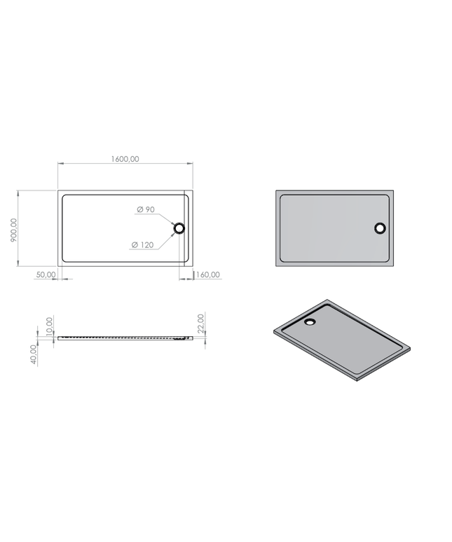 Bandeja de ducha acrílica rectangular de Aloni - 160x90x4 cm