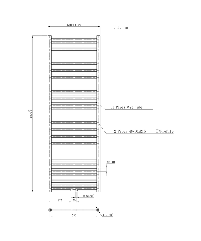 Belrad Bathroom Radiator 1800x600mm - Chrome - Middle connection - 661W