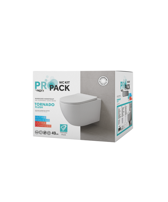 Aloni Pro hangtoilet / ophang WC – tornado flush – randloos – met zitting – compact 49 cm – glanzend wit