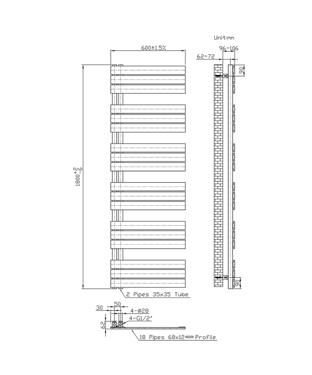 BELRAD Badkamer Radiator 1800x600mm Mat Zwart – Linkeraansluiting/Combi – 1021W