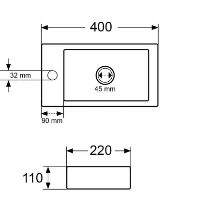 Wiesbaden Rhea M fontein links keramiek mat zwart - technische tekening | Schwertz & Co
