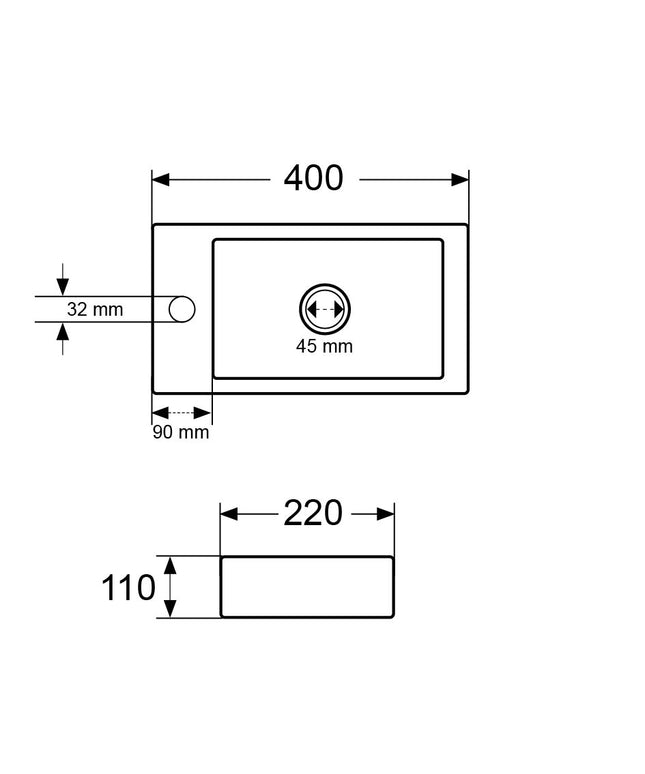 Wiesbaden Rhea M fontein links keramiek mat zwart - technische tekening | Schwertz & Co