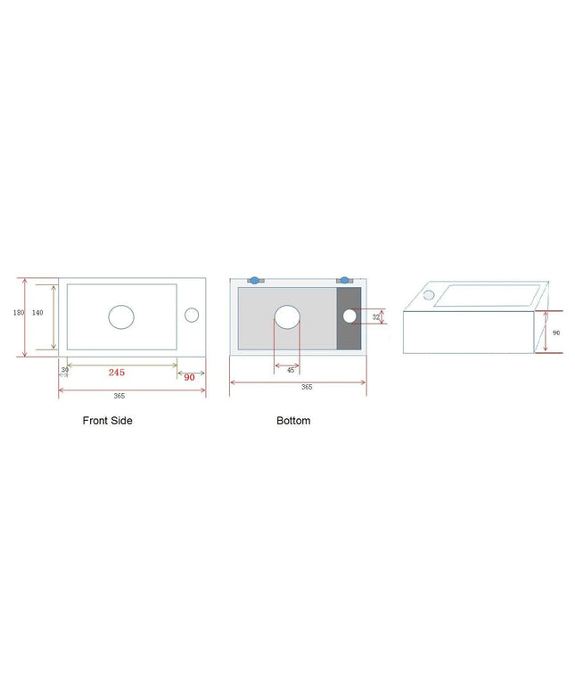 Wiesbaden Rhea S mini fontein links keramiek mat zwart - technische tekening | Schwertz & Co