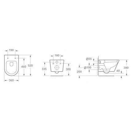 Wiesbaden Vesta wandcloset met Flatline toiletzitting 52 cm glans wit - technische tekening | Schwertz & Co