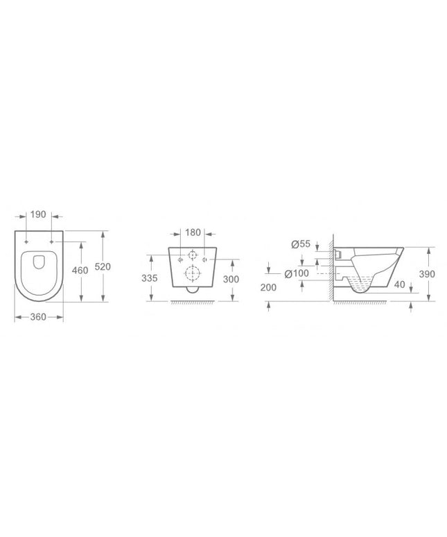 Wiesbaden Vesta wandcloset met Flatline toiletzitting 52 cm glans wit - technische tekening | Schwertz & Co