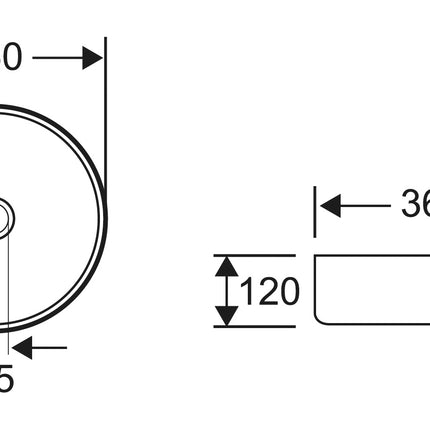 Wiesbaden Mondri waskom rond mat zwart met gunmetal - technische tekening | Schwertz & Co