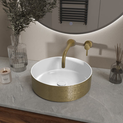 Wiesbaden Mondri waskom rond glans wit met geborsteld goud - detailfoto | Schwertz & Co