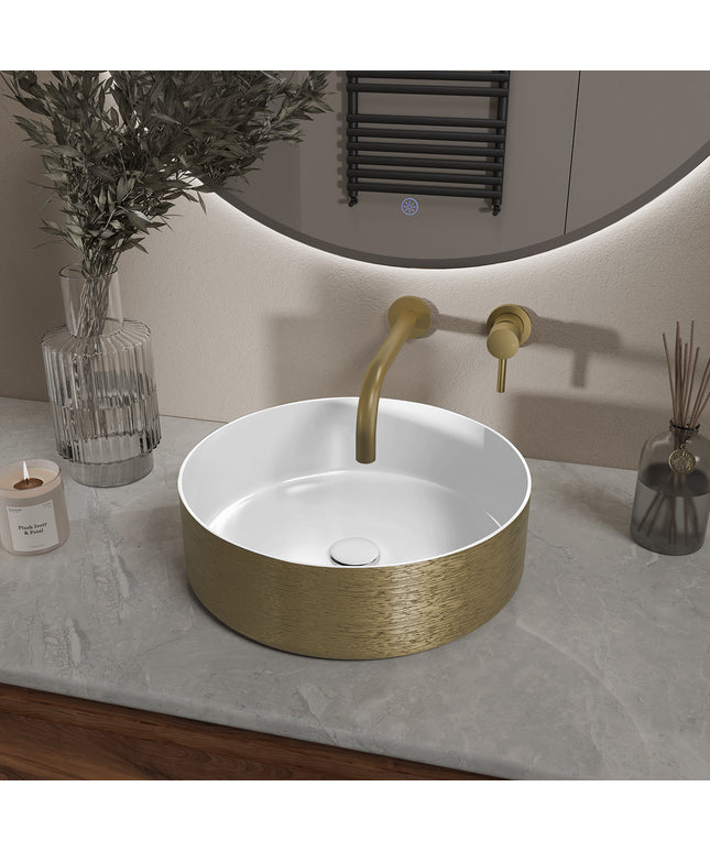 Wiesbaden Mondri waskom rond glans wit met geborsteld goud - detailfoto | Schwertz & Co