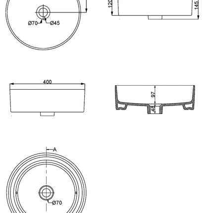 Wiesbaden Link waskom rond 40 cm keramiek mat wit - technische tekening | Schwertz & Co