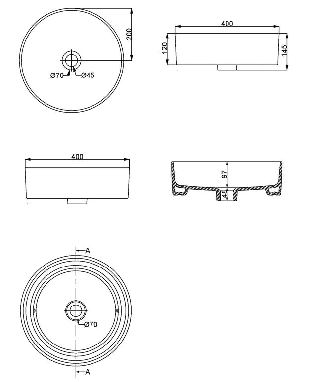 Wiesbaden Link waskom rond 40 cm keramiek mat wit - technische tekening | Schwertz & Co