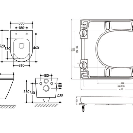 Wiesbaden Vesta wandcloset met bidetkraan Vesta zitting - technische tekening | Schwertz & Co