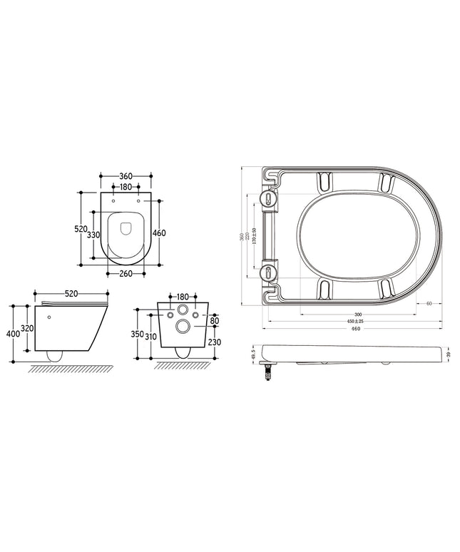 Wiesbaden Vesta wandcloset rimless bidetkraan warm-koud Vesta zitting mat wit - technische tekening | Schwertz & Co