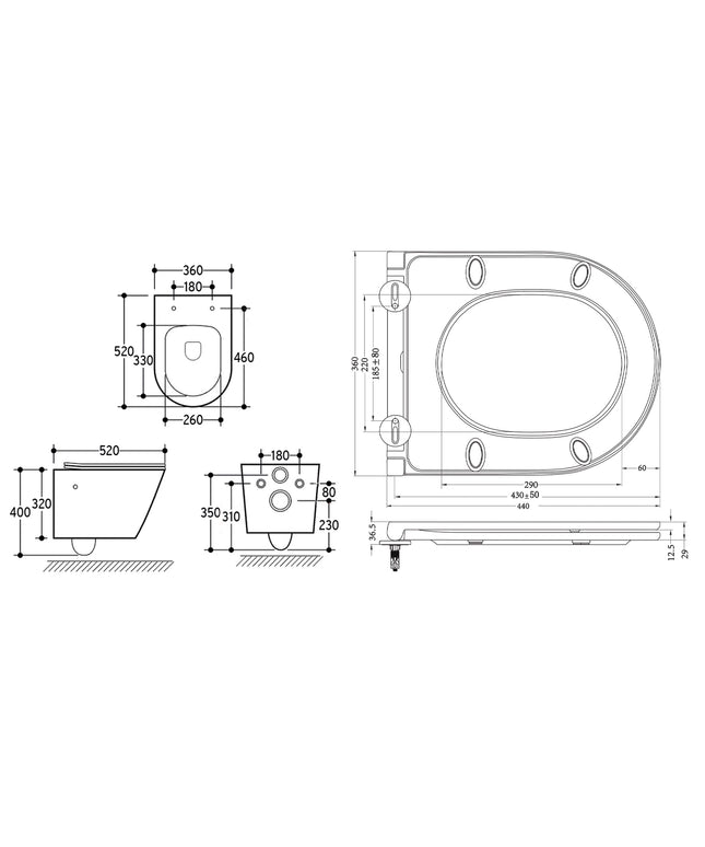 Wiesbaden Vesta wandcloset bidetkraan Flatline zitting glans wit - technische tekening | Schwertz & Co
