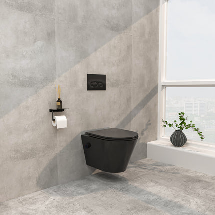 Wiesbaden Vesta rimless wandcloset mat zwart met bidetkraan - detailfoto | Schwertz & Co