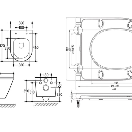 Wiesbaden Vesta rimless wandcloset mat zwart met bidetkraan - technische tekening | Schwertz & Co