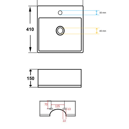 Wiesbaden Larx waskom vierkant 41 cm keramiek glans wit - technische tekening | Schwertz & Co