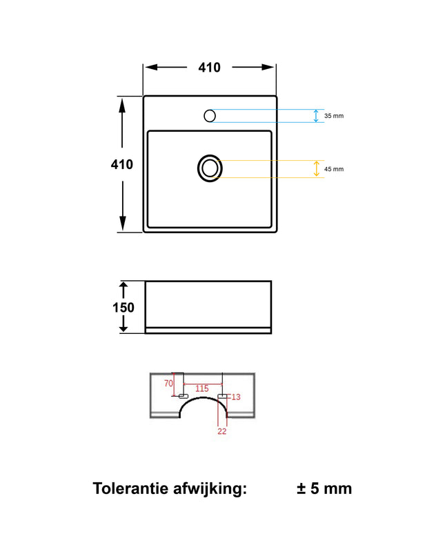 Wiesbaden Larx waskom vierkant 41 cm keramiek glans wit - technische tekening | Schwertz & Co