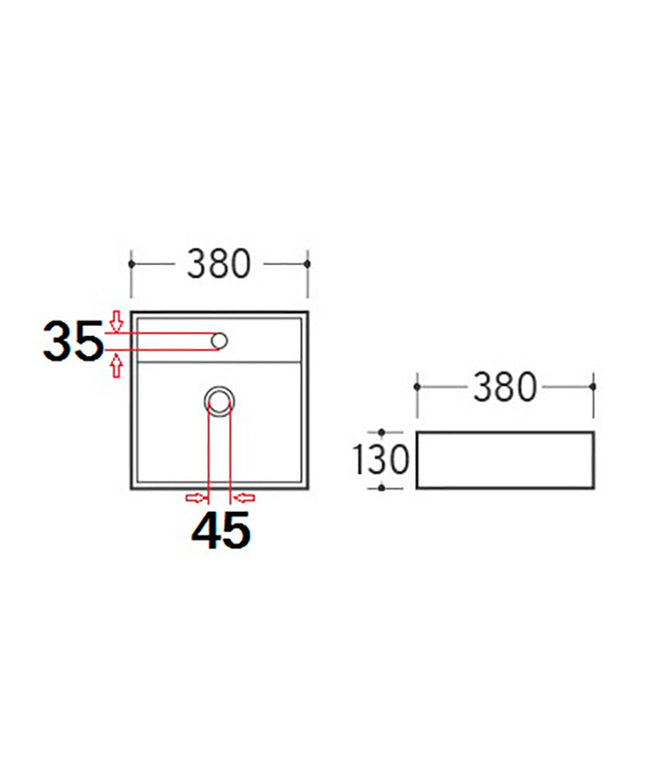 Wiesbaden Larx waskom 38,5 cm keramiek glans wit - technische tekening | Schwertz & Co