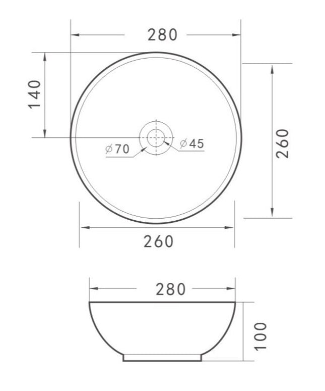 Wiesbaden Kimo waskom rond 27,5 cm keramiek glans wit - technische tekening | Schwertz & Co