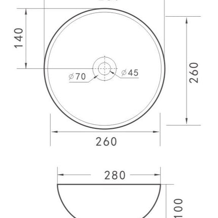 Wiesbaden Kimo waskom rond 28 cm keramiek mat zwart - technische tekening | Schwertz & Co