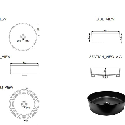 Wiesbaden Link waskom rond 40 cm keramiek mat zwart - technische tekening | Schwertz & Co