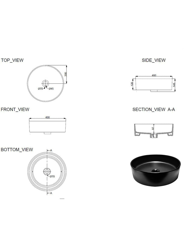 Wiesbaden Link waskom rond 40 cm keramiek mat zwart - technische tekening | Schwertz & Co