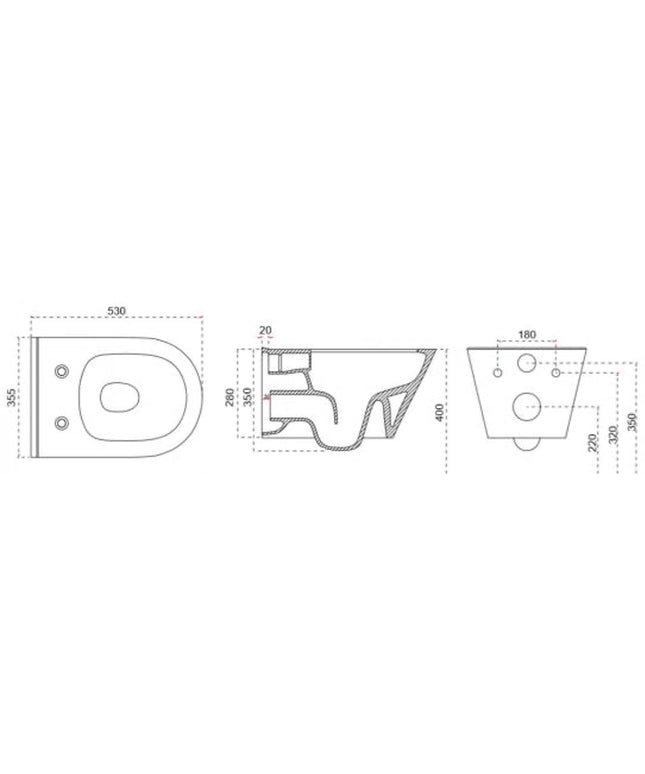 Wiesbaden Stereo wandcloset rimless met Shade slim toiletzitting mat zwart - technische tekening | Schwertz & Co