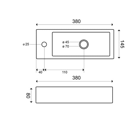 Wiesbaden Trim mini fontein links 38 x 14 x 8 cm glans wit - technische tekening | Schwertz & Co