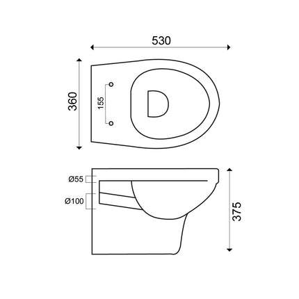 Xellanz Trevi rimless wandcloset glans wit - technische tekening | Schwertz & Co