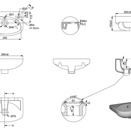 Xellanz Trevi fontein keramiek glans wit - technische tekening | Schwertz & Co