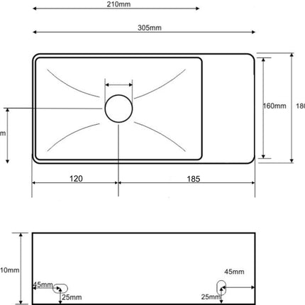 Wiesbaden Rhea XXS fontein zonder kraangat wit - technische tekening | Schwertz & Co