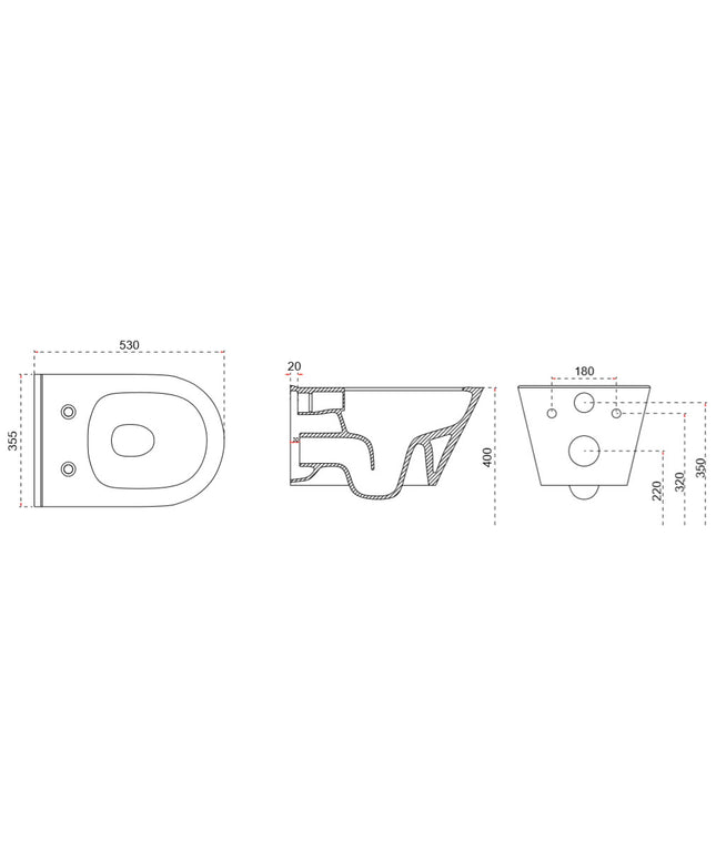 Wiesbaden Stereo wandcloset rimless mat zwart - technische tekening met maatvoering | Schwertz & Co
